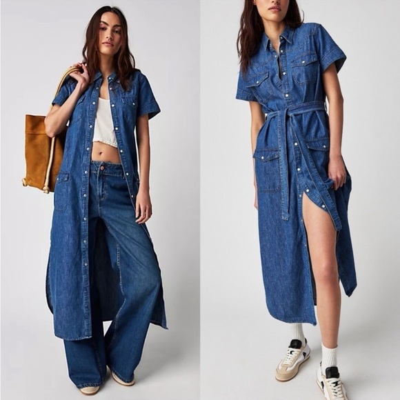Boyish Chambray Marcel Western Denim Button Front Midi Shirt Dress Size Large - Picture 1 of 10